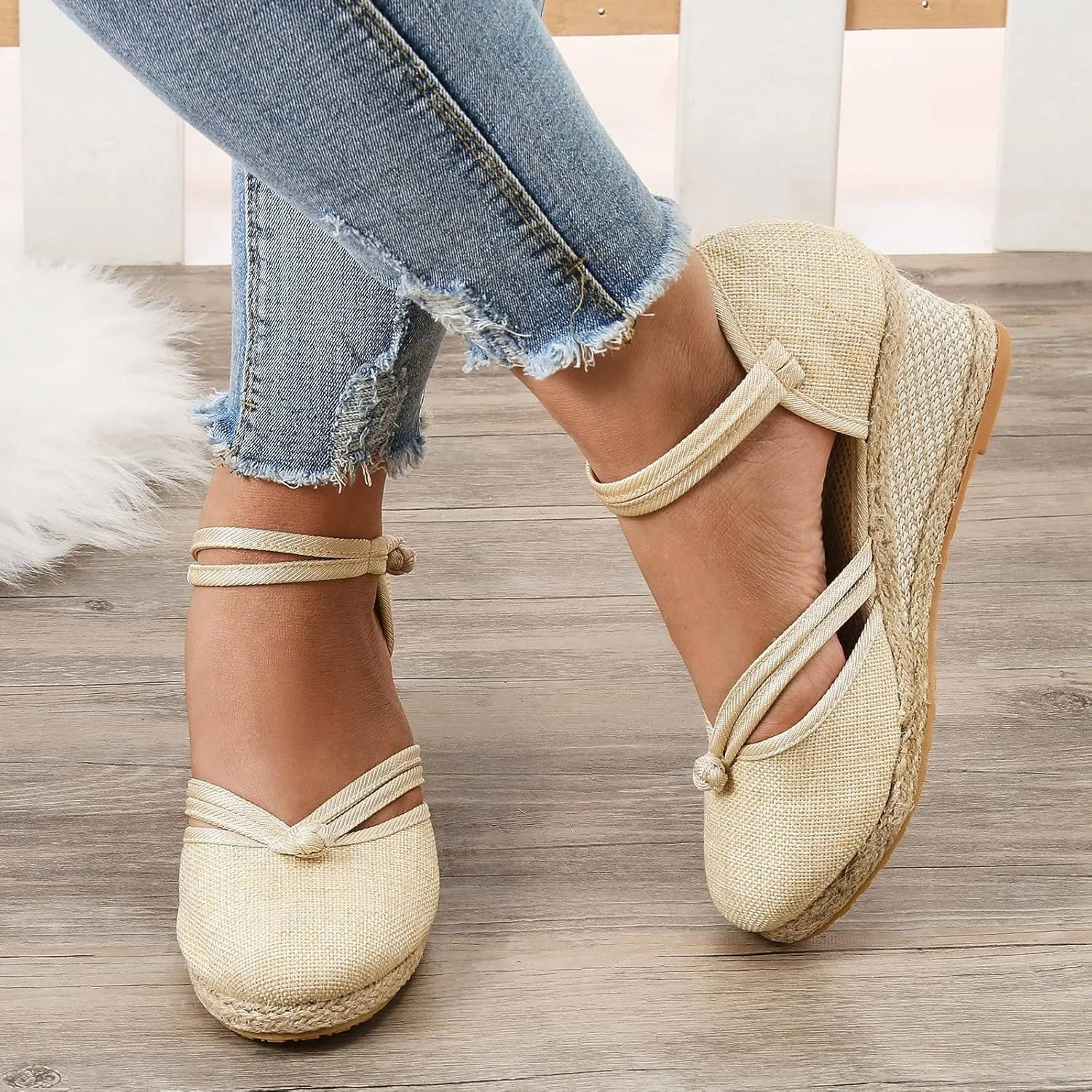 Womenyiaor Closed Toe Sandals Women, Women's Espadrilles Low Wedge Heel Sandals Ankle Strap Espadrille Wedge Sandals Dressy Casual Summer Comfortable Platform Wedge Shoes (a-Beige, 8)