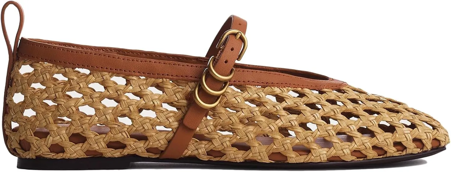 Woven Mesh Ballet Flats for Women Comfortable Raffia Metal Buckle Strap Ballet Flats Casual Closed Toe Mary Jane Flat