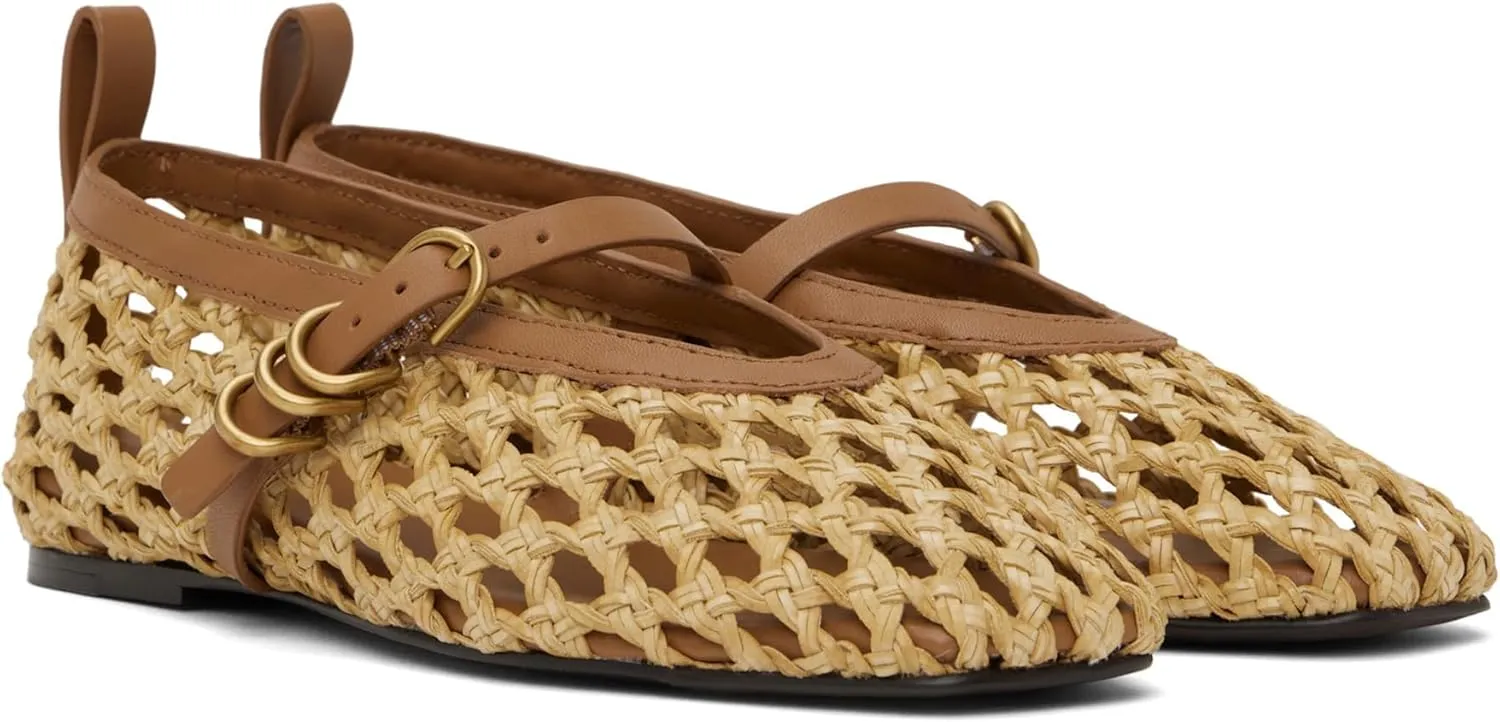 Woven Mesh Ballet Flats for Women Comfortable Raffia Metal Buckle Strap Ballet Flats Casual Closed Toe Mary Jane Flat