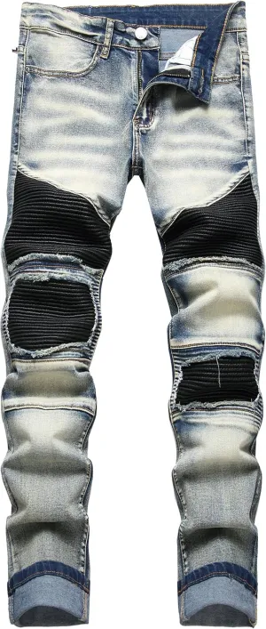 XIMXIMMTIAN Men's Biker Moto Washed Distressed Slim Fit Straight Jeans Denim…