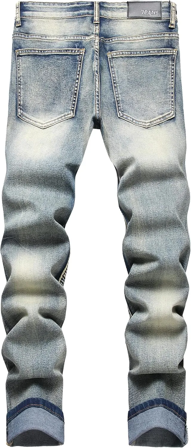 XIMXIMMTIAN Men's Biker Moto Washed Distressed Slim Fit Straight Jeans Denim…