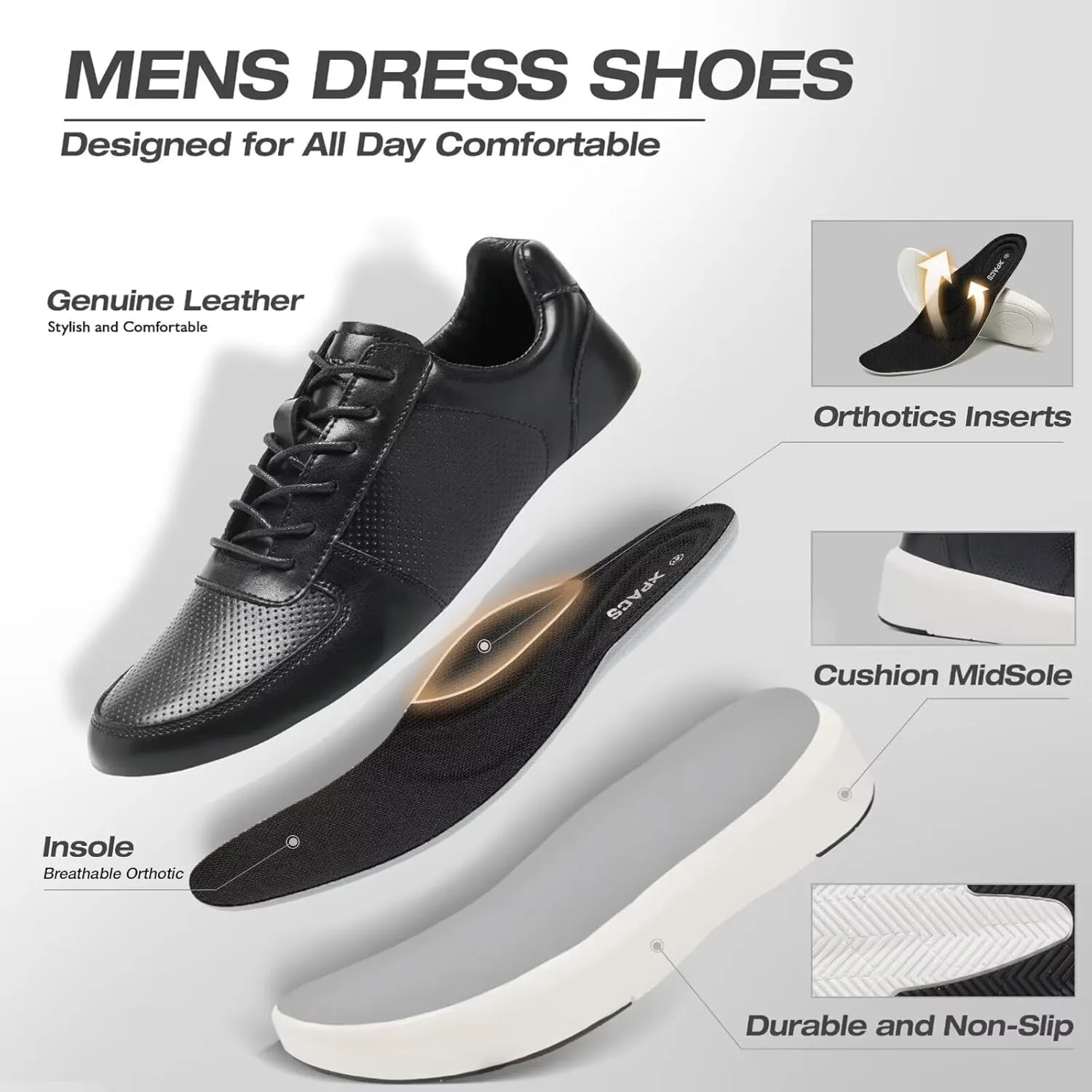 XPACS Men's Orthopedic Leather Dress Walking Shoes: Comfortable Arch Support Plantar Fasciitis Flat Feet Sneakers, Casual Business Work Adjustable Fit Heel Foot Pain Relief Orthotic Oxfords