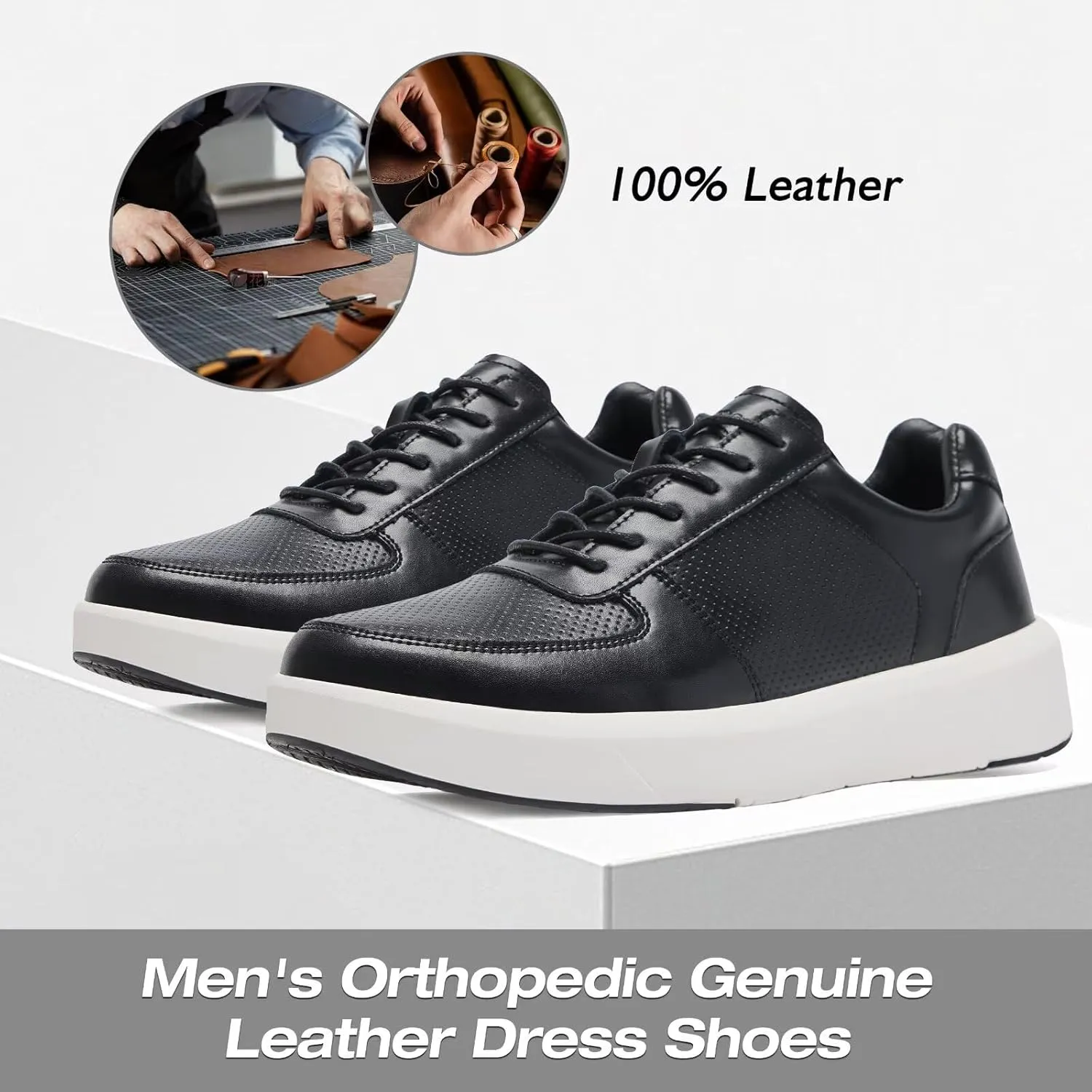 XPACS Men's Orthopedic Leather Dress Walking Shoes: Comfortable Arch Support Plantar Fasciitis Flat Feet Sneakers, Casual Business Work Adjustable Fit Heel Foot Pain Relief Orthotic Oxfords