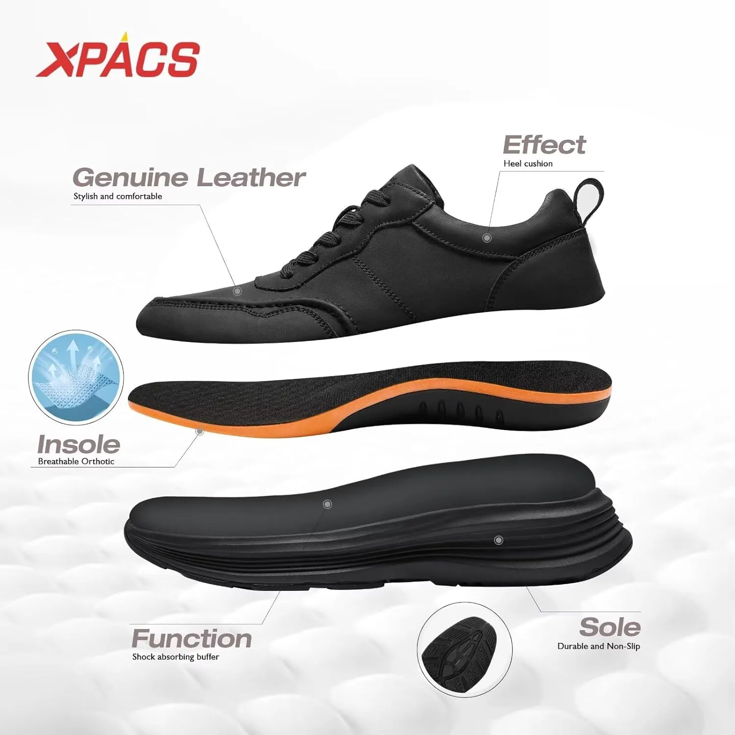 XPACS Men's Orthopedic Leather Dress Walking Shoes: Comfortable Plantar Fasciitis Fashion Sneakers with Arch Support, Casual Business Orthotic Thick Sole Sneakers for Foot and Heel Pain Relief