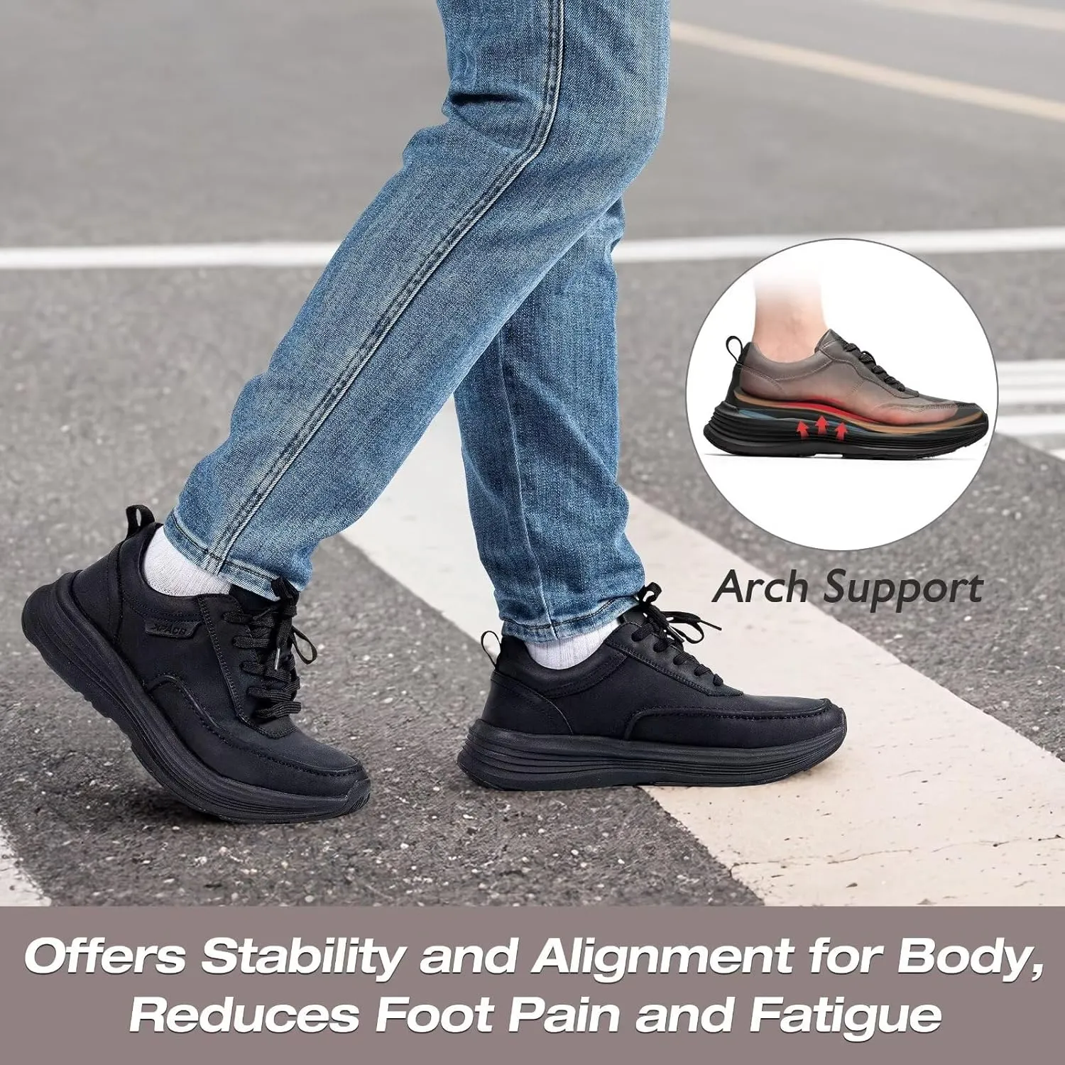 XPACS Men's Orthopedic Leather Dress Walking Shoes: Comfortable Plantar Fasciitis Fashion Sneakers with Arch Support, Casual Business Orthotic Thick Sole Sneakers for Foot and Heel Pain Relief