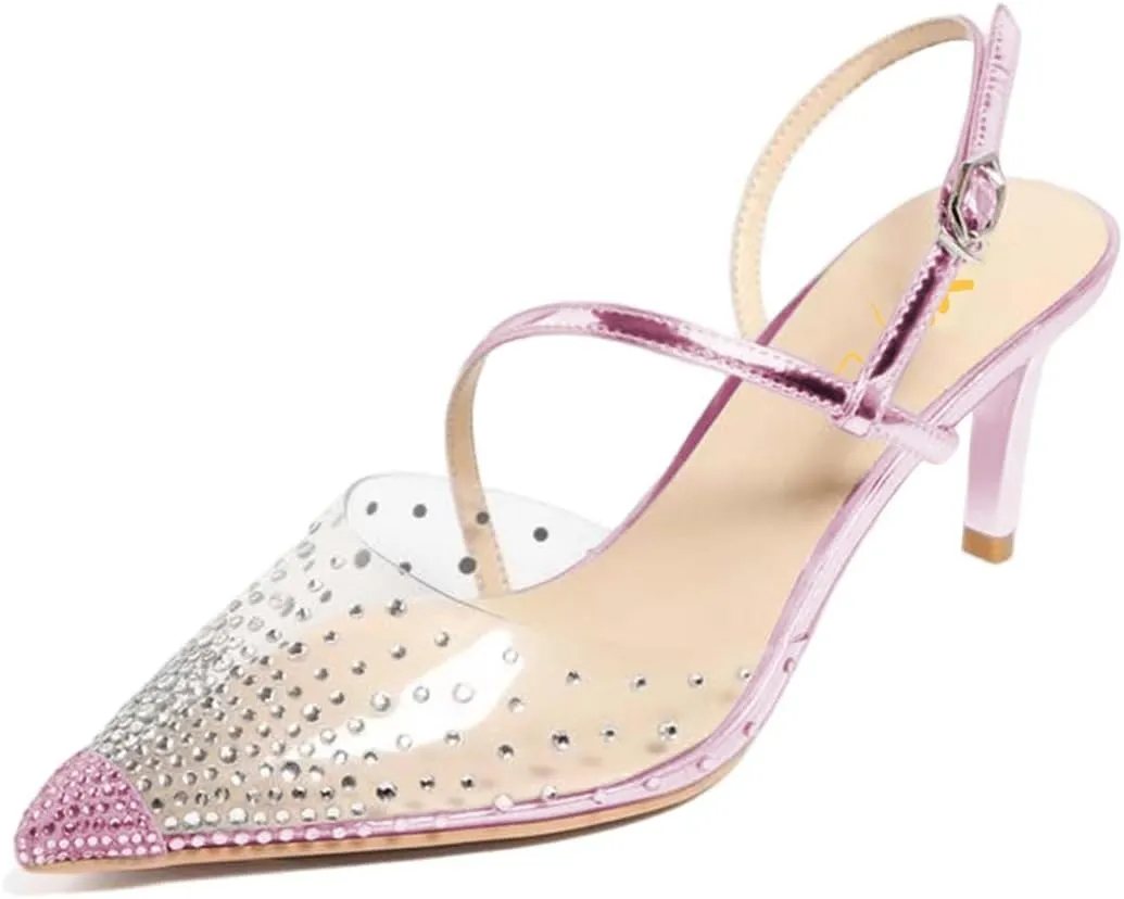 XYD Women Cap Pointed Toe Mid Heel Studs Sandals Cross Strap Slingback Rhinestone Crystal Transparent Wedding Prom Pumps Shoes