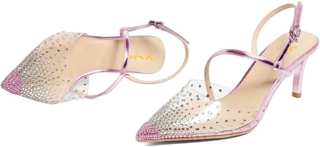 XYD Women Cap Pointed Toe Mid Heel Studs Sandals Cross Strap Slingback Rhinestone Crystal Transparent Wedding Prom Pumps Shoes