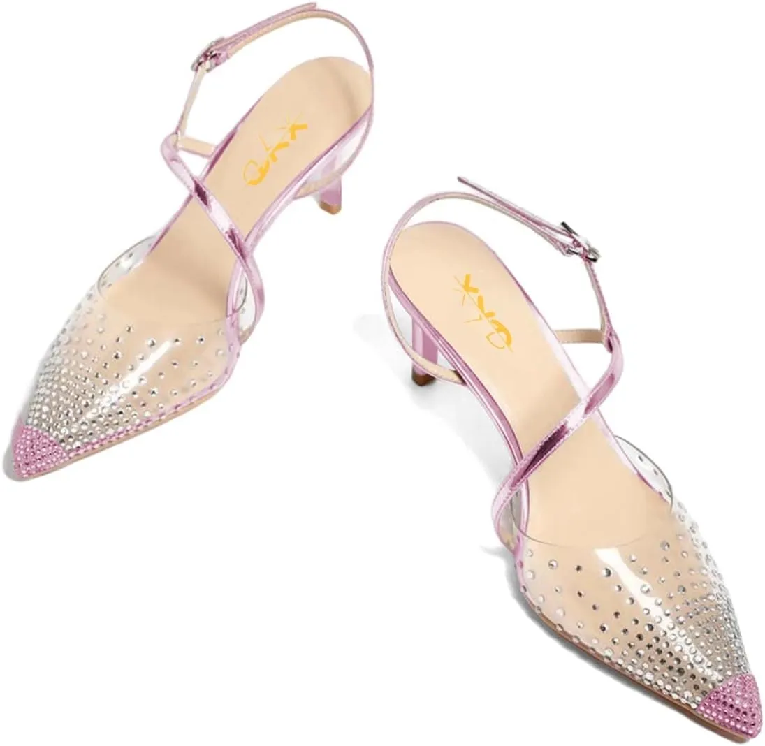 XYD Women Cap Pointed Toe Mid Heel Studs Sandals Cross Strap Slingback Rhinestone Crystal Transparent Wedding Prom Pumps Shoes