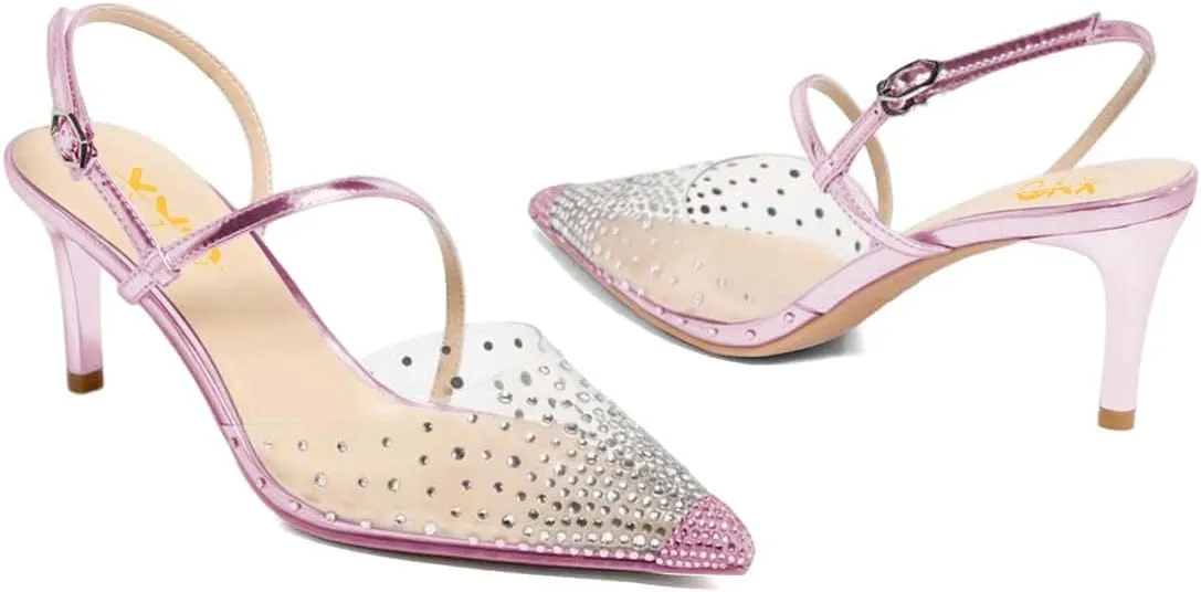 XYD Women Cap Pointed Toe Mid Heel Studs Sandals Cross Strap Slingback Rhinestone Crystal Transparent Wedding Prom Pumps Shoes
