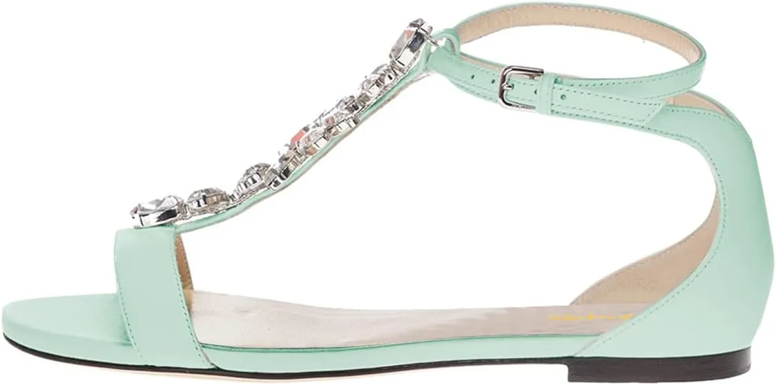 XYD Women Comfort Open Toe Rhinestone T-Strap Flat Sandals Ankle Strap Low Heel Easy Walking Shoes