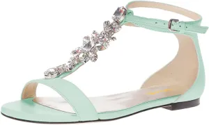 XYD Women Comfort Open Toe Rhinestone T-Strap Flat Sandals Ankle Strap Low Heel Easy Walking Shoes