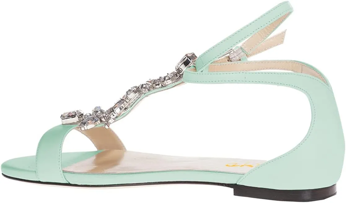 XYD Women Comfort Open Toe Rhinestone T-Strap Flat Sandals Ankle Strap Low Heel Easy Walking Shoes