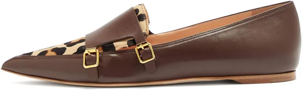 XYD Women Fashion Closed Pointed Toe Flats Slip on Double Buckles Upper Strap Loafers Dress Office Shoes