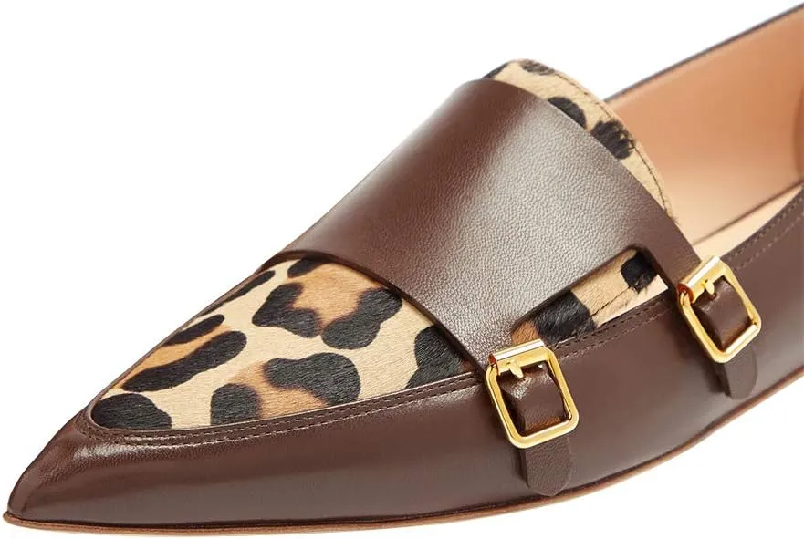 XYD Women Fashion Closed Pointed Toe Flats Slip on Double Buckles Upper Strap Loafers Dress Office Shoes