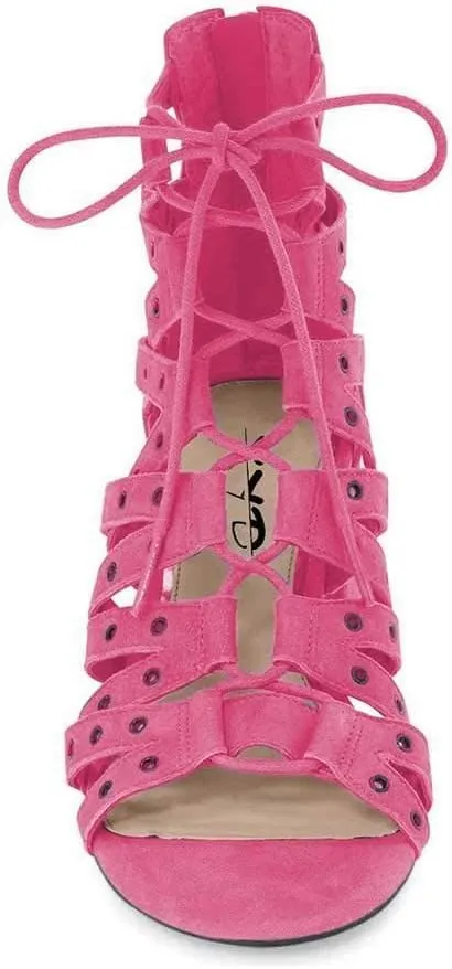 XYD Women Gladiator Caged Block Heel Sandals Open Toe Grommets Straps Cutout Back Zipper Dress Pumps Shoes