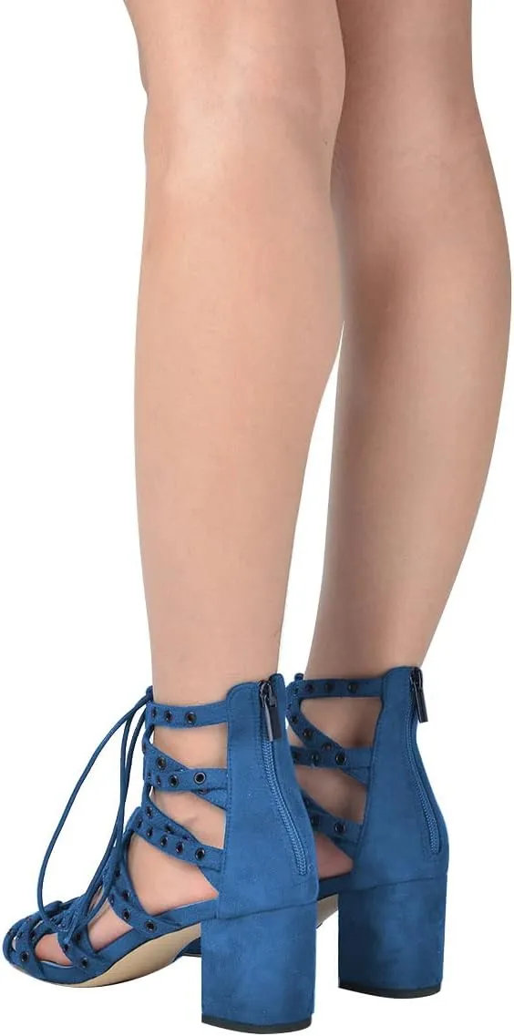 XYD Women Gladiator Caged Block Heel Sandals Open Toe Grommets Straps Cutout Back Zipper Dress Pumps Shoes