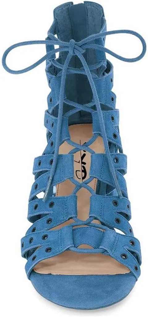 XYD Women Gladiator Caged Block Heel Sandals Open Toe Grommets Straps Cutout Back Zipper Dress Pumps Shoes