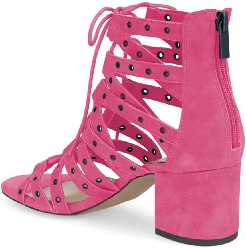 XYD Women Gladiator Caged Block Heel Sandals Open Toe Grommets Straps Cutout Back Zipper Dress Pumps Shoes