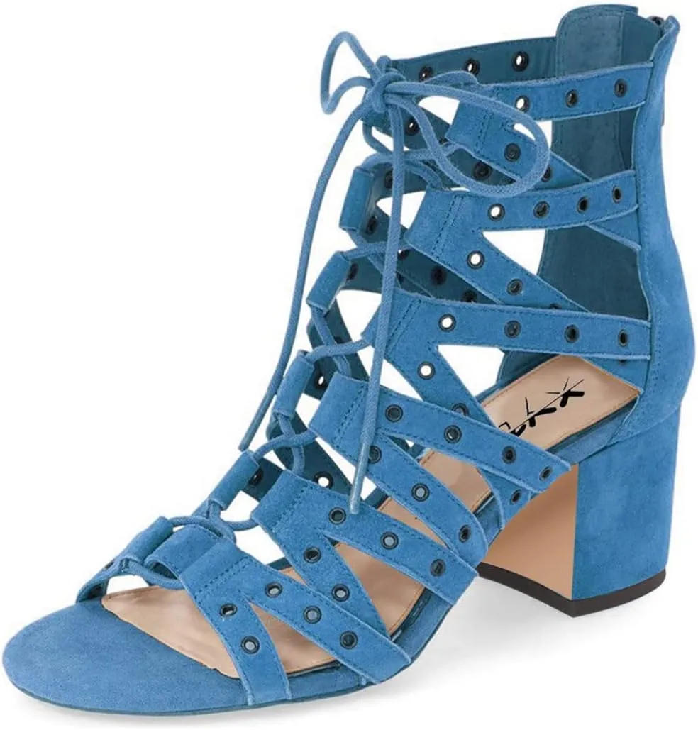 XYD Women Gladiator Caged Block Heel Sandals Open Toe Grommets Straps Cutout Back Zipper Dress Pumps Shoes