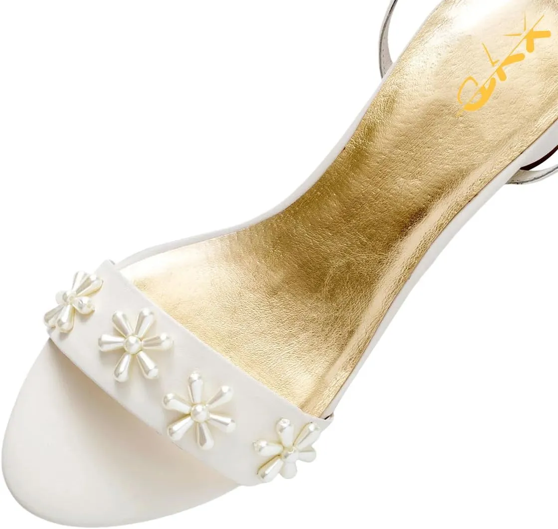 XYD Women Pearl Flower Bridal Chunky Sandals Ankle Strappy Open Toe Circular Low Heels Wedding Shoes