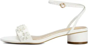 XYD Women Pearl Flower Bridal Chunky Sandals Ankle Strappy Open Toe Circular Low Heels Wedding Shoes