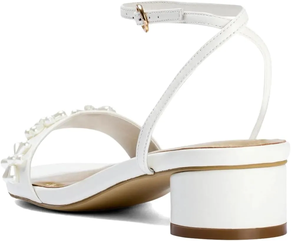 XYD Women Pearl Flower Bridal Chunky Sandals Ankle Strappy Open Toe Circular Low Heels Wedding Shoes