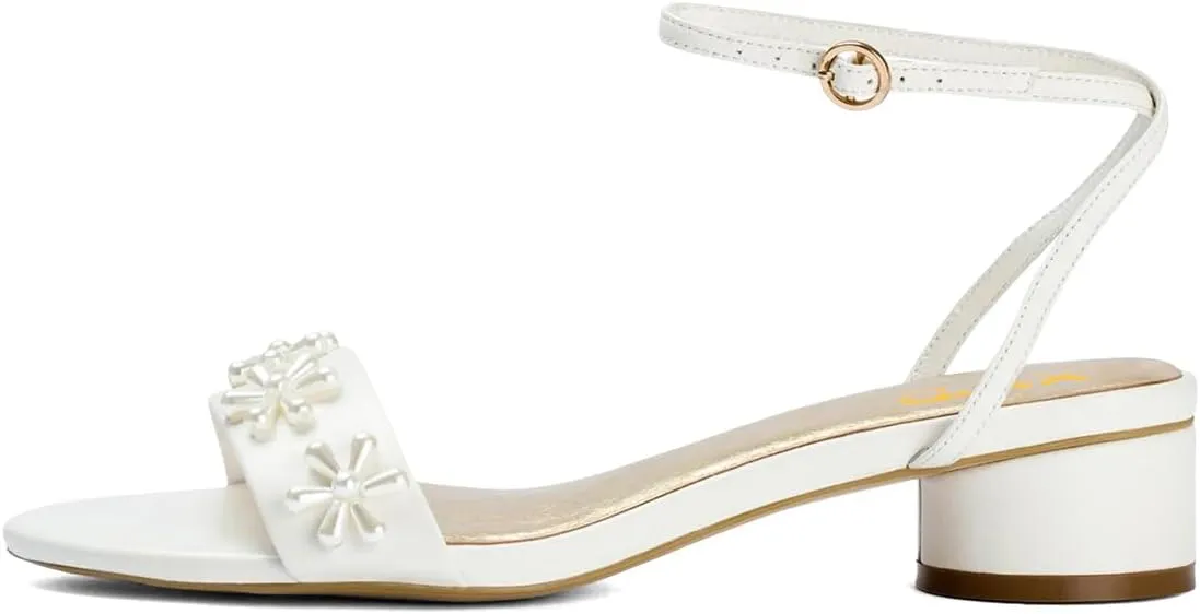 XYD Women Pearl Flower Bridal Chunky Sandals Ankle Strappy Open Toe Circular Low Heels Wedding Shoes