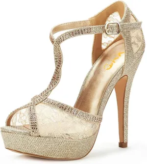XYD Women Peep Toe Sexy Lace Crystals High Heels Platform Sandals Twining Straps Wedding Ceremony Bride Shoes