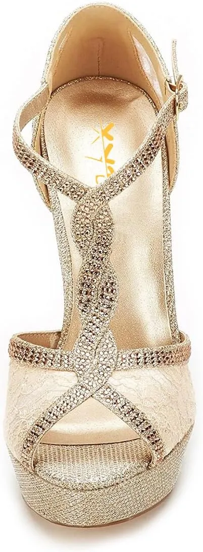 XYD Women Peep Toe Sexy Lace Crystals High Heels Platform Sandals Twining Straps Wedding Ceremony Bride Shoes