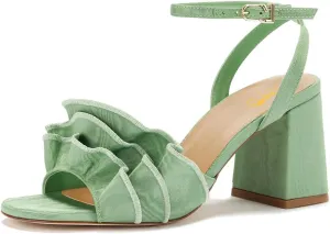 XYD Women Pleated Ruffles Sandals Open Toe Ankle Strap Block Mid Heel Pumps Summer Party Date Shoes