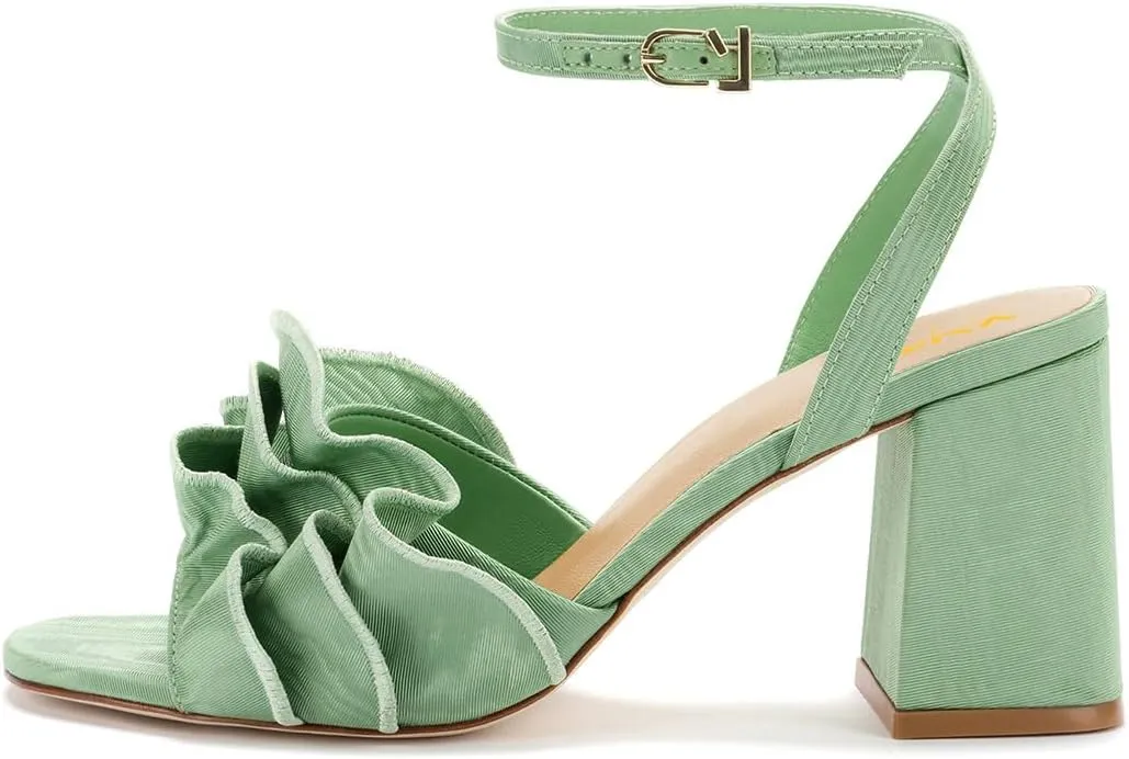 XYD Women Pleated Ruffles Sandals Open Toe Ankle Strap Block Mid Heel Pumps Summer Party Date Shoes