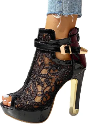 Yanzhenglip Furry Sandals Women Cork Sandals Mesh High Zip Ladies Sexy Up Shoes Lace Hollow Heel Floral Womens Casual Women's Sandals Comfort Sandal for Women (Black, 10)