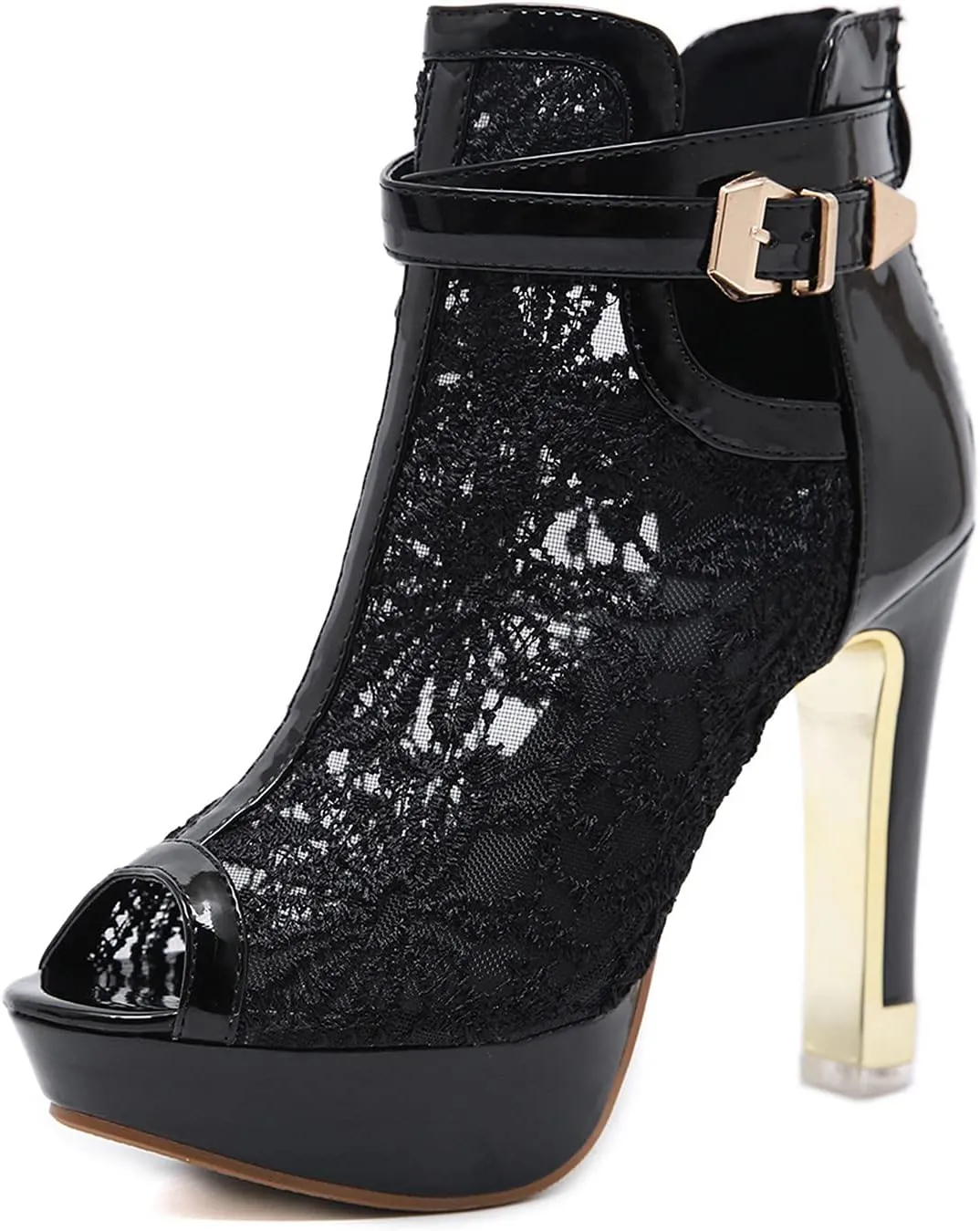Yanzhenglip Furry Sandals Women Cork Sandals Mesh High Zip Ladies Sexy Up Shoes Lace Hollow Heel Floral Womens Casual Women's Sandals Comfort Sandal for Women (Black, 10)