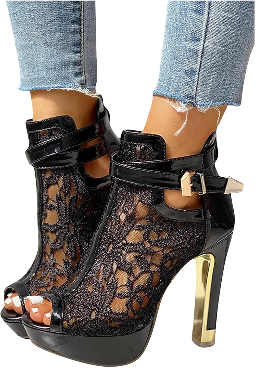 Yanzhenglip Furry Sandals Women Cork Sandals Mesh High Zip Ladies Sexy Up Shoes Lace Hollow Heel Floral Womens Casual Women's Sandals Comfort Sandal for Women (Black, 10)