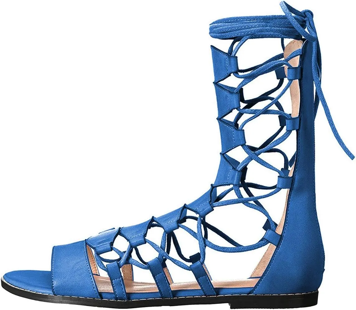 YDN Sexy Ankle High Gladiator Sandals for Women Lace up Open toe Flats Zips Shoes size 4-15 M US