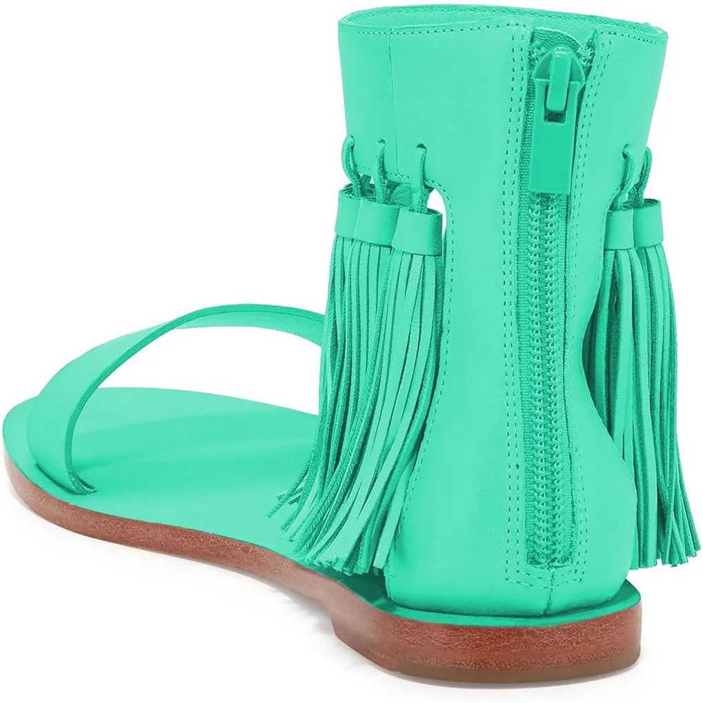 YDN Women Fashion Fringes Flats Tassels Open Toe Sandals Low-Heel Back Zipper Shoes