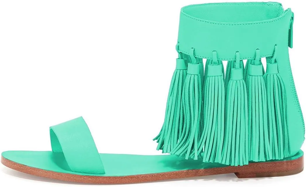 YDN Women Fashion Fringes Flats Tassels Open Toe Sandals Low-Heel Back Zipper Shoes