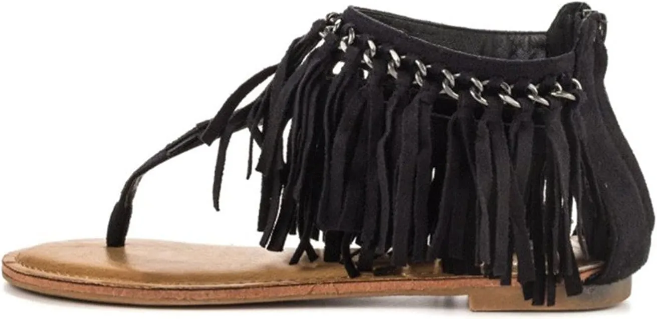 YDN Women Flip Flop Sandals Fringes Thong Flats Shoes Women Suede Tassels Metal Chain Size 4-15 US
