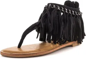 YDN Women Flip Flop Sandals Fringes Thong Flats Shoes Women Suede Tassels Metal Chain Size 4-15 US