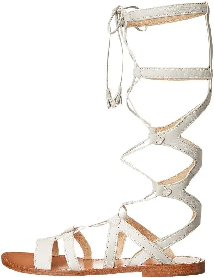 YDN Women Sexy Knee High Lace up Flats Fringe Low Heel Gladiator Strap Sandals Shoe