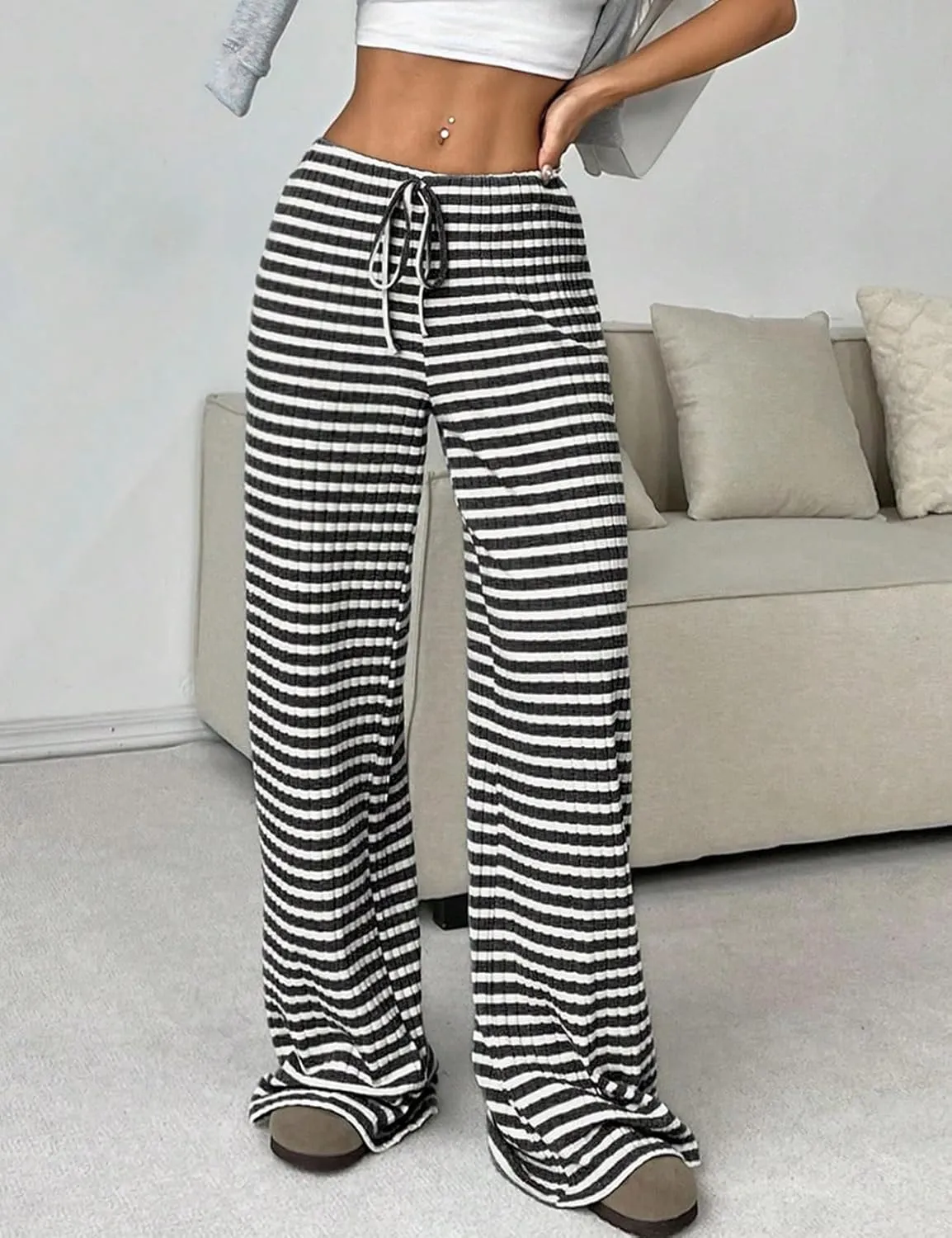 Yimoon Women's Striped Pants Wide Leg Pants Y2K Casual Drawstring Lounge Pants Elastic Waist Knit Baggy Sweatpants