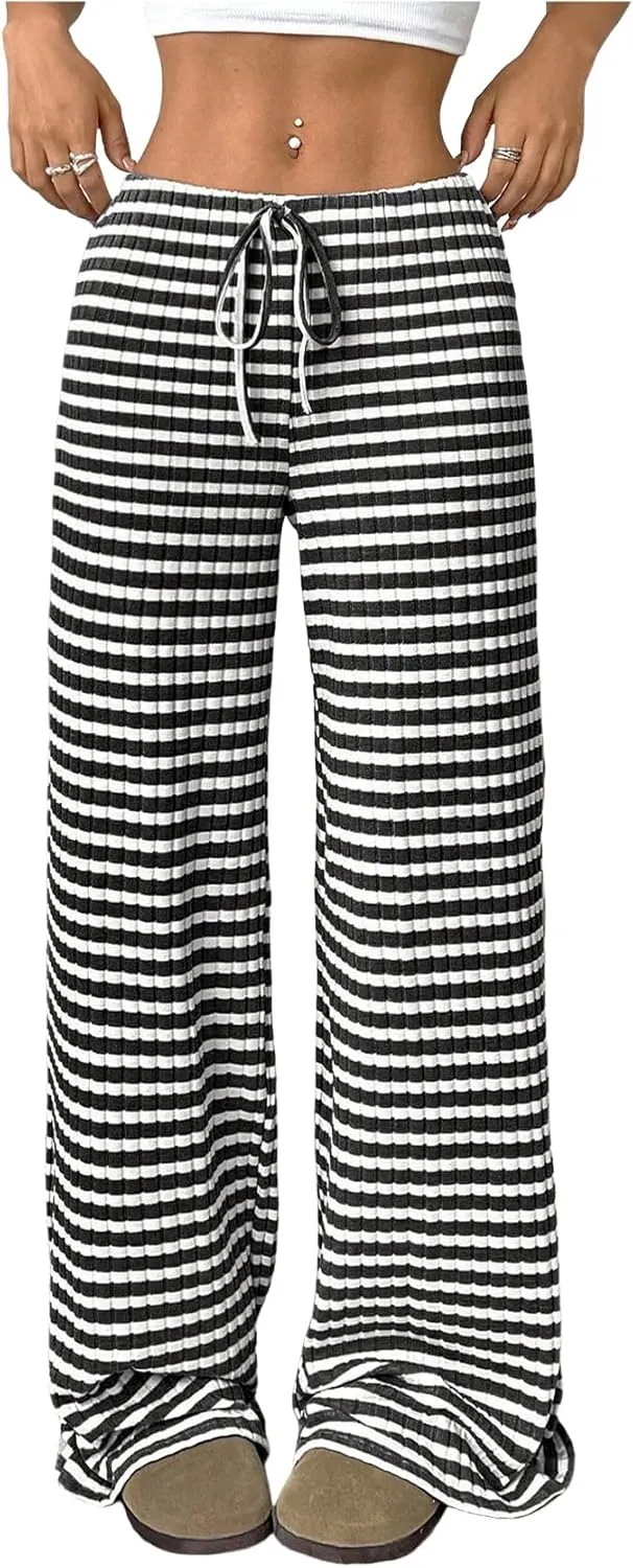 Yimoon Women's Striped Pants Wide Leg Pants Y2K Casual Drawstring Lounge Pants Elastic Waist Knit Baggy Sweatpants