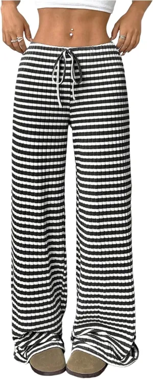 Yimoon Women's Striped Pants Wide Leg Pants Y2K Casual Drawstring Lounge Pants Elastic Waist Knit Baggy Sweatpants