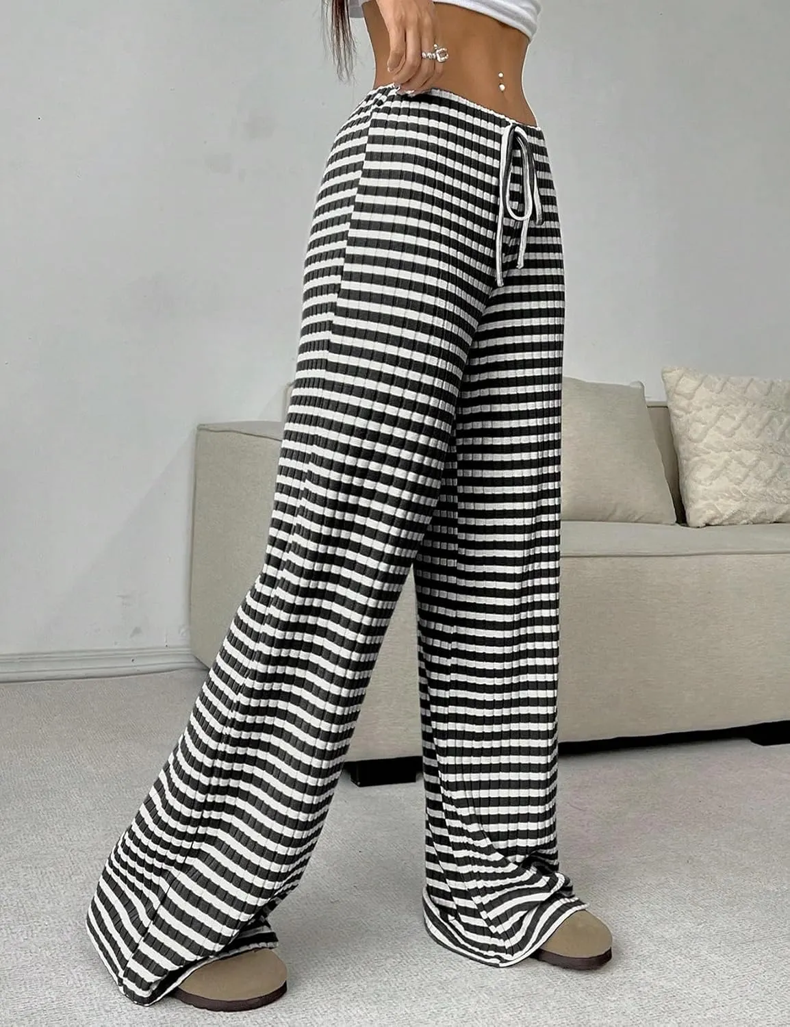 Yimoon Women's Striped Pants Wide Leg Pants Y2K Casual Drawstring Lounge Pants Elastic Waist Knit Baggy Sweatpants