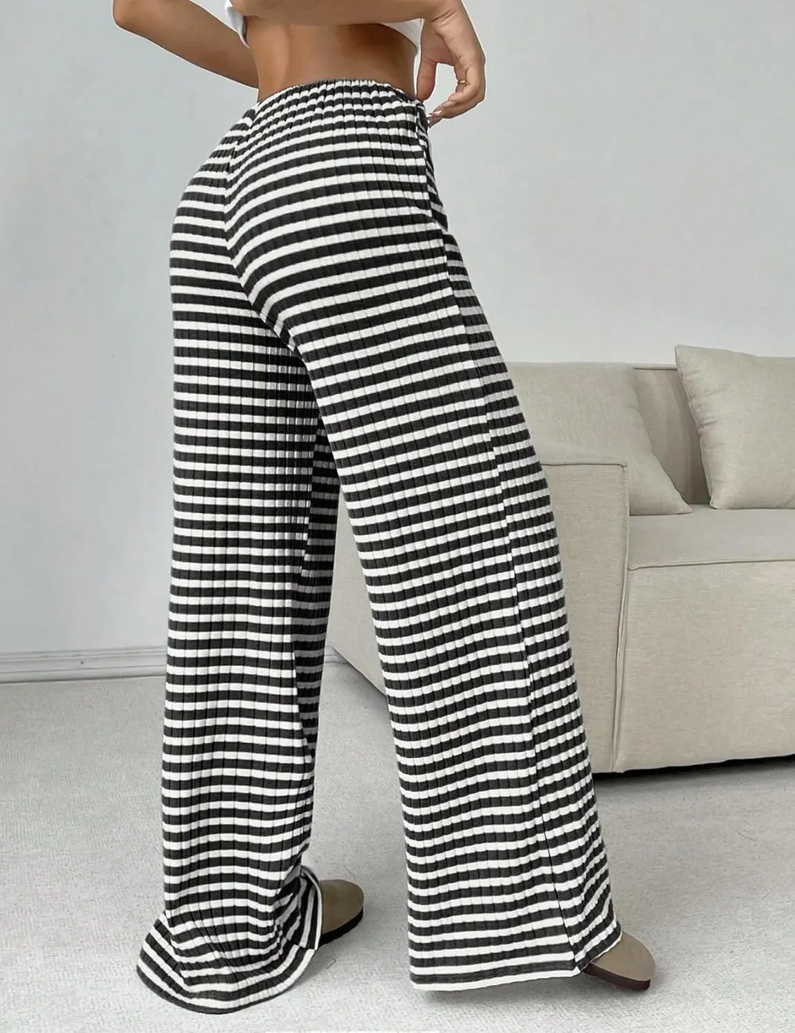 Yimoon Women's Striped Pants Wide Leg Pants Y2K Casual Drawstring Lounge Pants Elastic Waist Knit Baggy Sweatpants