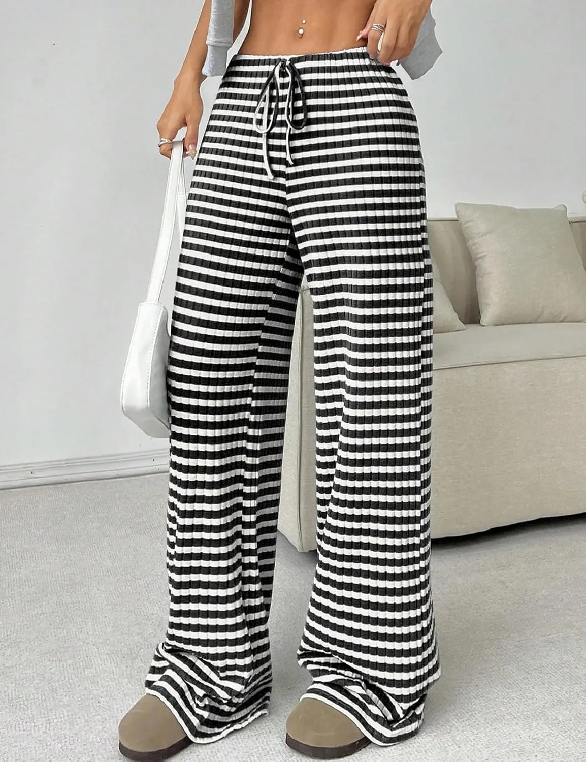 Yimoon Women's Striped Pants Wide Leg Pants Y2K Casual Drawstring Lounge Pants Elastic Waist Knit Baggy Sweatpants