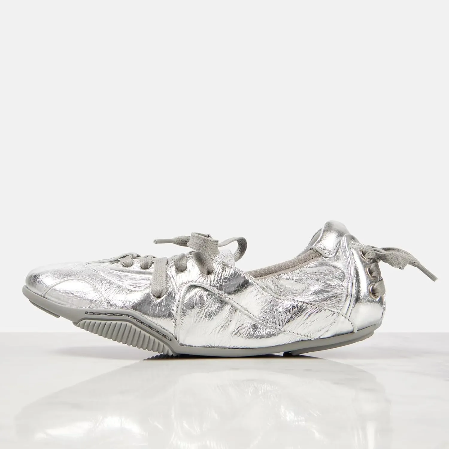 Yishaweiqi Metallic Sneakers for Women Lace up Round Toe Canvas Shoes Ballet Flats Comfortable Tennis Shoes Dress Ballerinas