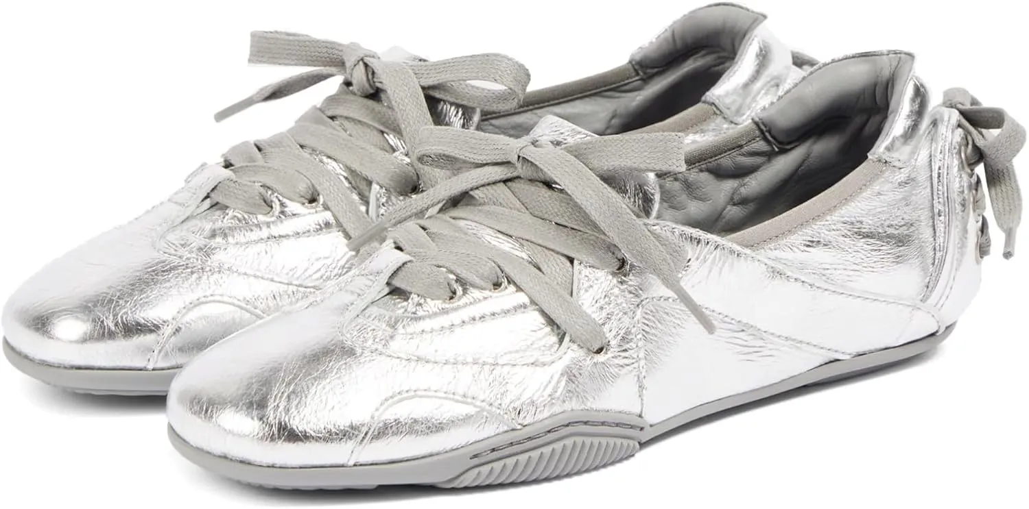 Yishaweiqi Metallic Sneakers for Women Lace up Round Toe Canvas Shoes Ballet Flats Comfortable Tennis Shoes Dress Ballerinas