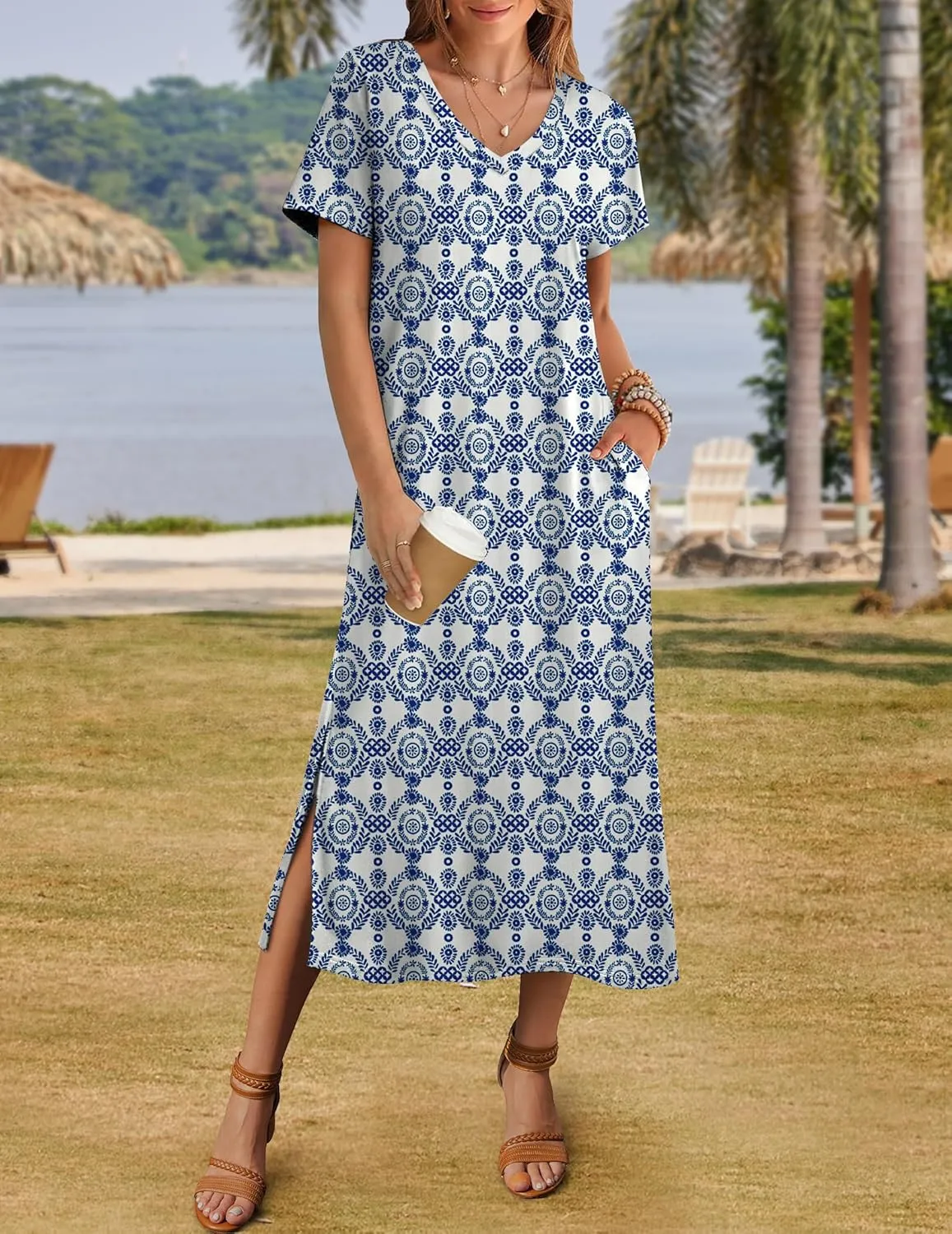 Zeagoo Women Summer Floral Dress Short Sleeve Beach Dress with Pockets Casual V-Neck Split Long T-Shirt Dress Travel Vacation