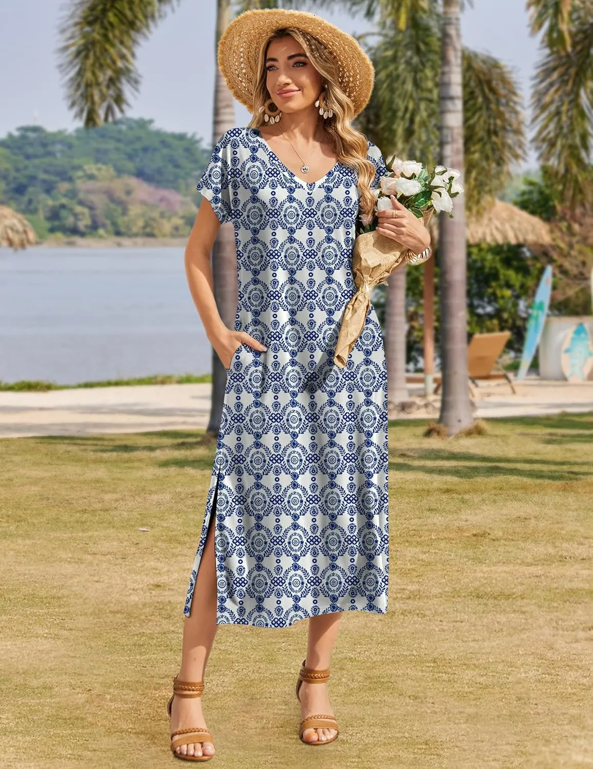 Zeagoo Women Summer Floral Dress Short Sleeve Beach Dress with Pockets Casual V-Neck Split Long T-Shirt Dress Travel Vacation